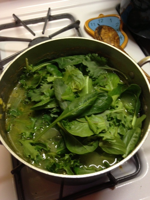 Literally just dump in salad greens! Arugula, kale, endive, herbs, etc. It ALL tastes great in this Pea Soup