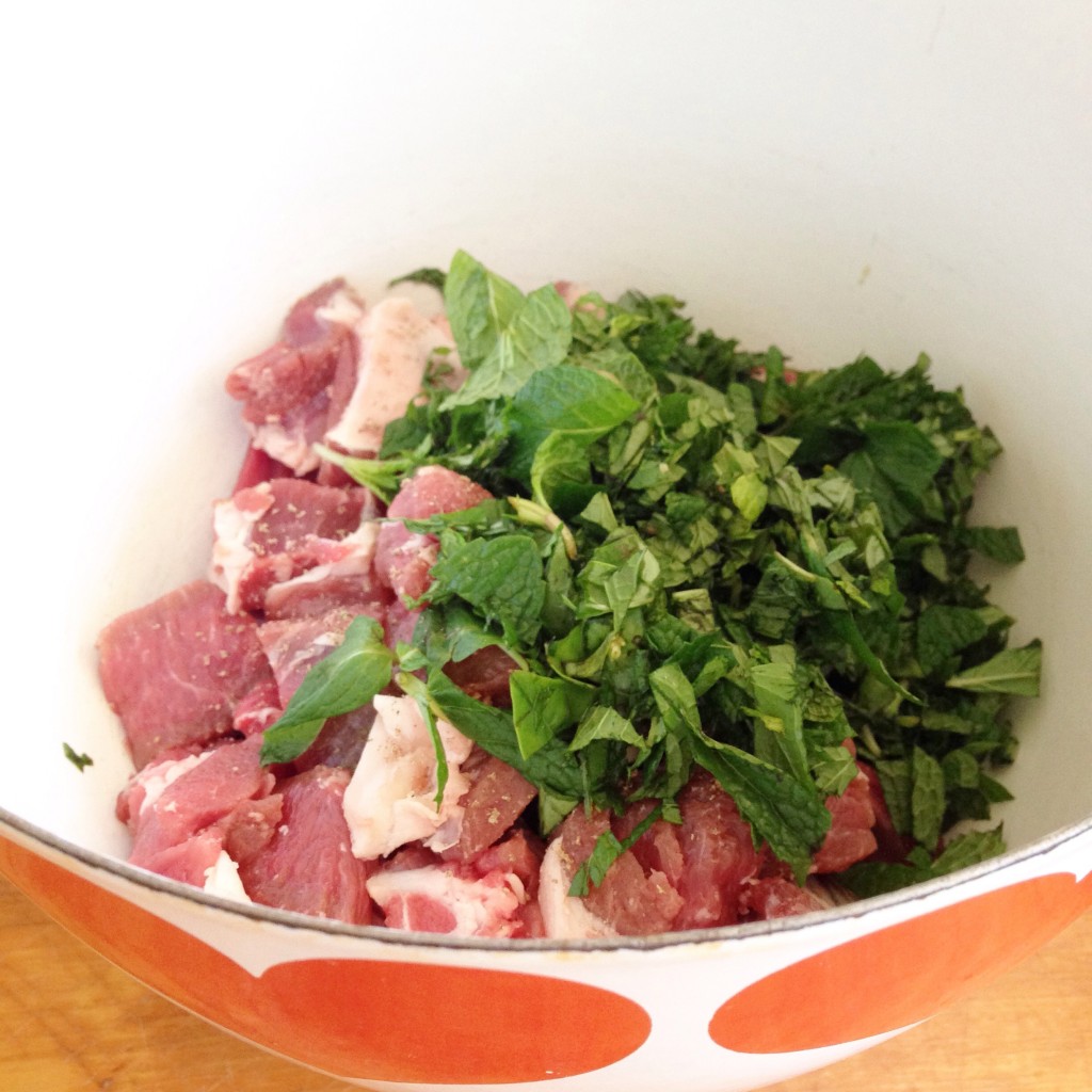 Lamb ready to marinate with fresh herbs, pepper, and cumin.