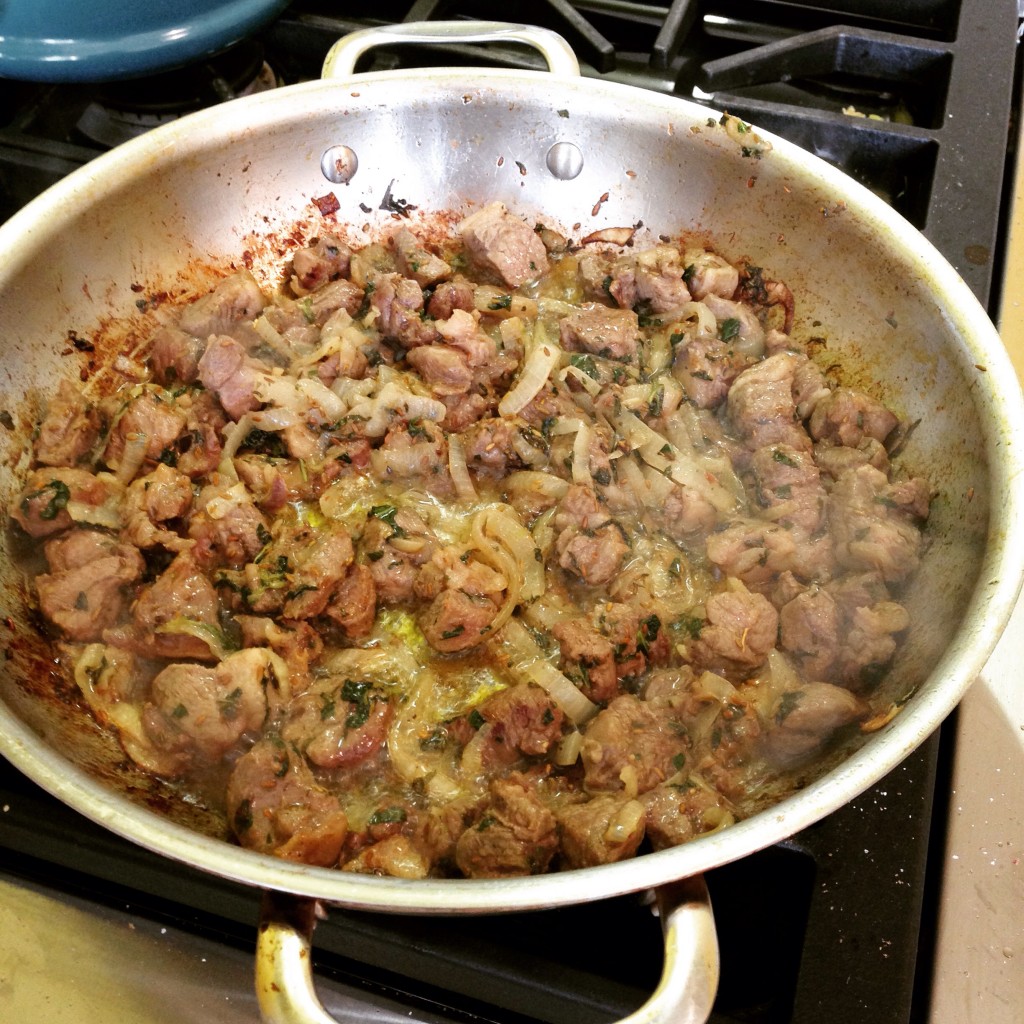 Be sure to brown lamb, herbs, and onions.