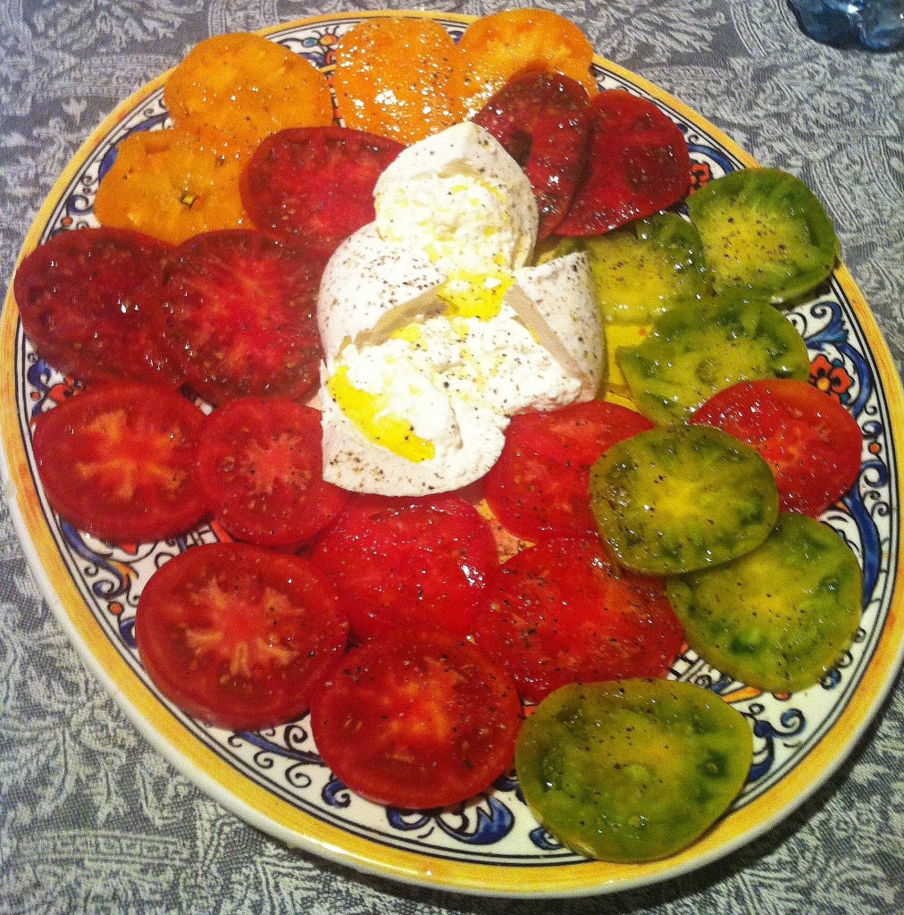 This gorgeous Burrata and garden tomato plate by friend Anne Ziemienski would go beautifully with any crisp, dry White or Rosé wine. And a lighter red like Merlot or Pinot too. Wine choices are so versatile -- there is no one right answer.